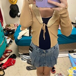 Tan Ribbed Cardigan with Faux Fur Collar